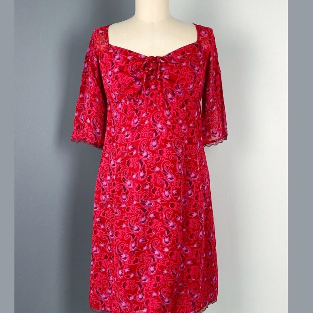 80s Red floral Lace trim tie-front Dress
